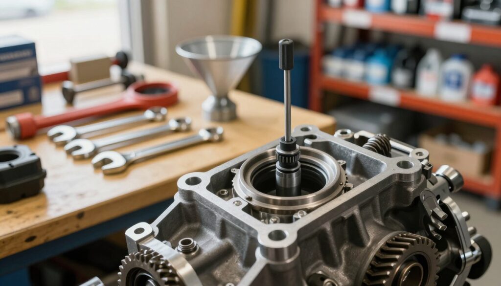 A detailed close-up image of a car's manual transmission gearbox, specifically highlighting the oil filler hole. The scene is set in a well-lit garage with warm, natural lighting that creates a professional atmosphere. The foreground features the intricate details of the gearbox, showing metal gears and components with a focus on the labeled oil filler hole. In the middle ground, various automotive tools like wrenches and a funnel are arranged neatly, suggesting a maintenance setting. The background includes blurred shelves with automotive supplies, enhancing the context. The angle is slightly above the gearbox, providing a clear view of the filler hole, with no additional text or distractions. The overall mood is informative and technical, suitable for an instructional article. A detailed close-up image of a car's manual transmission gearbox, specifically highlighting the oil filler hole. The scene is set in a well-lit garage with warm, natural lighting that creates a professional atmosphere. The foreground features the intricate details of the gearbox, showing metal gears and components with a focus on the labeled oil filler hole. In the middle ground, various automotive tools like wrenches and a funnel are arranged neatly, suggesting a maintenance setting. The background includes blurred shelves with automotive supplies, enhancing the context. The angle is slightly above the gearbox, providing a clear view of the filler hole, with no additional text or distractions. The overall mood is informative and technical, suitable for an instructional article.