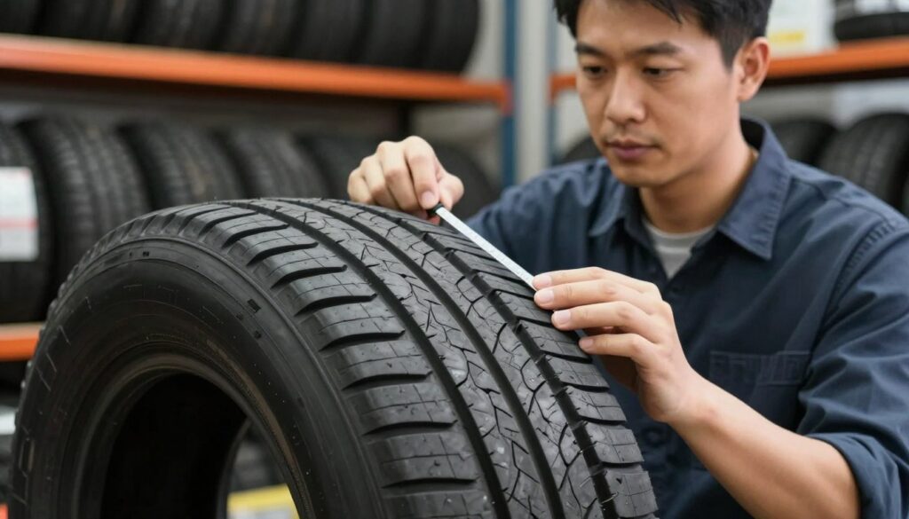 A detailed close-up image of a professional examining a used tire's tread pattern, focusing on the distinct markings that identify retreaded tires. In the foreground, show the tire's tread with clear wear indicators. The middle layer features the professional, dressed in smart casual attire, carefully inspecting the tire using a measuring tool. The background should depict a tire shop with shelves filled with various tire types, softly lit to create a warm atmosphere. The lighting emphasizes the tire textures and the expert's concentration. The overall mood is informative and analytical, ideal for conveying the importance of recognizing retread tires before purchasing. A detailed close-up image of a professional examining a used tire's tread pattern, focusing on the distinct markings that identify retreaded tires. In the foreground, show the tire's tread with clear wear indicators. The middle layer features the professional, dressed in smart casual attire, carefully inspecting the tire using a measuring tool. The background should depict a tire shop with shelves filled with various tire types, softly lit to create a warm atmosphere. The lighting emphasizes the tire textures and the expert's concentration. The overall mood is informative and analytical, ideal for conveying the importance of recognizing retread tires before purchasing.