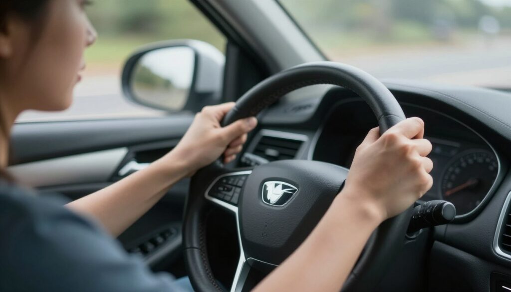 A detailed close-up of a driver's hands gripping a steering wheel, slightly shaking as the vehicle experiences light braking. The background reveals the interior of a modern car with the dashboard and blurred road visible through the windshield, suggesting motion. Soft, natural lighting filters through the window, highlighting the driver's focused expression and the tension in their hands. The scene captures a clear sense of focus and urgency, as the driver anticipates a stop. The photograph should be taken with a shallow depth of field to emphasize the steering wheel and the driver's hands, while keeping the surroundings slightly out of focus, creating a professional and relatable atmosphere of driving dynamics. A detailed close-up of a driver's hands gripping a steering wheel, slightly shaking as the vehicle experiences light braking. The background reveals the interior of a modern car with the dashboard and blurred road visible through the windshield, suggesting motion. Soft, natural lighting filters through the window, highlighting the driver's focused expression and the tension in their hands. The scene captures a clear sense of focus and urgency, as the driver anticipates a stop. The photograph should be taken with a shallow depth of field to emphasize the steering wheel and the driver's hands, while keeping the surroundings slightly out of focus, creating a professional and relatable atmosphere of driving dynamics.