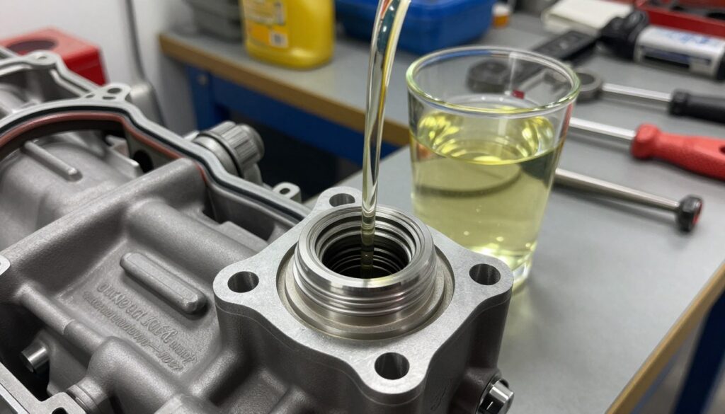 A detailed close-up of a sealed automatic transmission's oil fill opening, illustrating the 'otwór kontrolno-przelewowy'. The foreground showcases the metallic opening with a textured surface, highlighting its intricate design and the surrounding gasket. In the middle, a clear glass of new lubricant oil is positioned next to the opening, emphasizing the process of adding oil. The background features a well-organized workspace with tools neatly arranged on a bench, enhancing a technical atmosphere. The lighting is bright and focused, creating a precise spotlight effect on the oil fill opening, while a slight depth of field blurs the background, drawing attention to the focal point. The overall mood is professional and informative, ideal for an instructional context. A detailed close-up of a sealed automatic transmission's oil fill opening, illustrating the 'otwór kontrolno-przelewowy'. The foreground showcases the metallic opening with a textured surface, highlighting its intricate design and the surrounding gasket. In the middle, a clear glass of new lubricant oil is positioned next to the opening, emphasizing the process of adding oil. The background features a well-organized workspace with tools neatly arranged on a bench, enhancing a technical atmosphere. The lighting is bright and focused, creating a precise spotlight effect on the oil fill opening, while a slight depth of field blurs the background, drawing attention to the focal point. The overall mood is professional and informative, ideal for an instructional context.