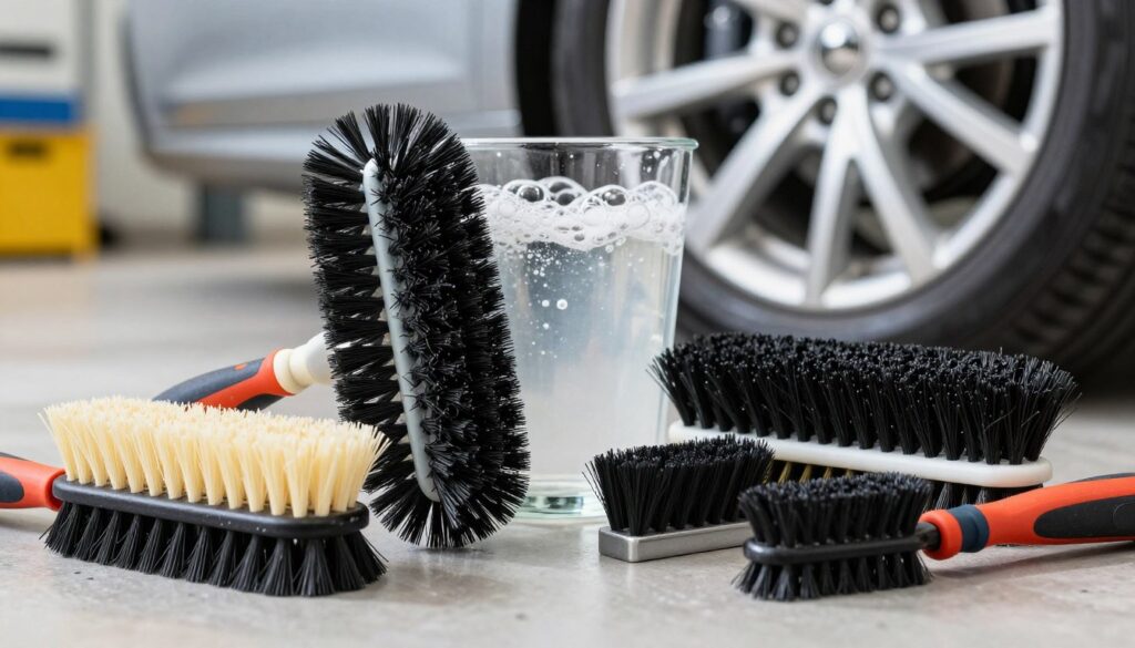 A detailed composition focusing on cleaning brushes for aluminum wheels, featuring a variety of cleaning brushes in the foreground, including a soft-bristled wheel brush, a sturdy tire scrubber, and a fine detailing brush. In the middle ground, a clear glass container holds soapy water with bubbles, suggesting a cleaning process. The background is softly blurred, showing a well-lit garage environment where a car is partially visible, hinting at a clean, orderly space. The lighting is bright and crisp, emphasizing the textures and colors of the brushes with a slight reflective shine. The overall atmosphere should convey a sense of cleanliness and meticulousness, capturing the essence of effective wheel cleaning accessories. A detailed composition focusing on cleaning brushes for aluminum wheels, featuring a variety of cleaning brushes in the foreground, including a soft-bristled wheel brush, a sturdy tire scrubber, and a fine detailing brush. In the middle ground, a clear glass container holds soapy water with bubbles, suggesting a cleaning process. The background is softly blurred, showing a well-lit garage environment where a car is partially visible, hinting at a clean, orderly space. The lighting is bright and crisp, emphasizing the textures and colors of the brushes with a slight reflective shine. The overall atmosphere should convey a sense of cleanliness and meticulousness, capturing the essence of effective wheel cleaning accessories.