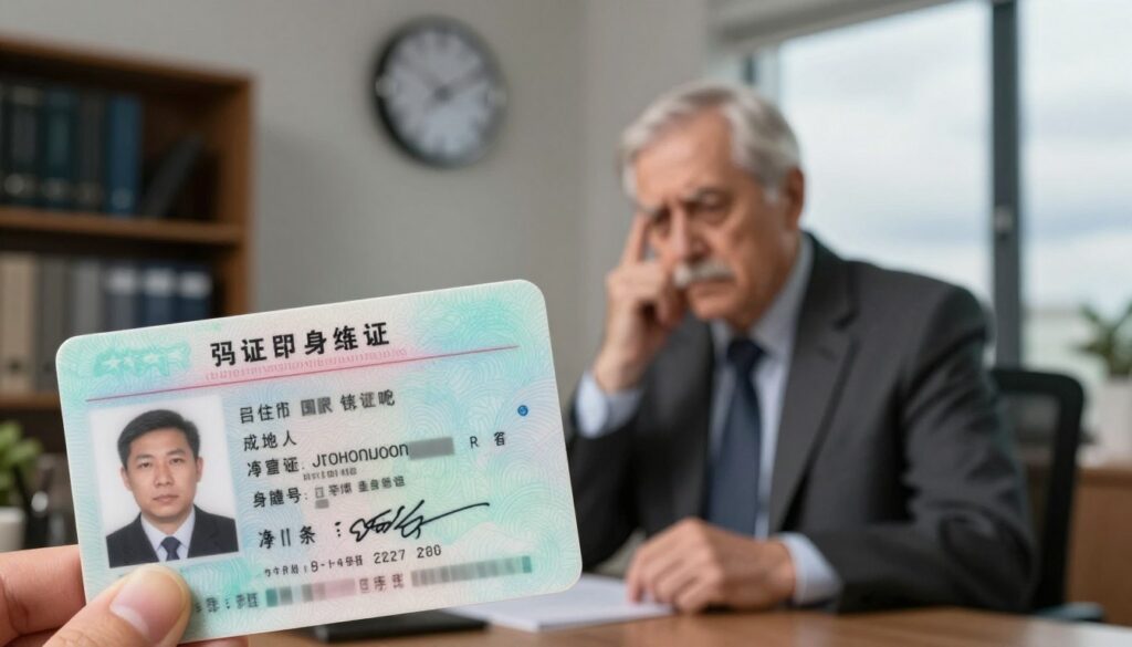 A detailed driver's license document prominently displayed in the foreground, featuring realistic elements such as a photograph, signature, and identification details, all artistically blurred to maintain focus. In the middle ground, a concerned elderly person in professional attire sits at a desk, reviewing their license, with a contemplative expression, symbolizing the weight of decisions made by officials. In the background, a soft-focus office environment with shelves of legal books, a wall clock displaying a late hour, and a window showing a cloudy sky, creating an atmosphere of seriousness and reflection. The lighting is balanced, with soft shadows to enhance the emotional depth, evoking a sense of contemplation about driving regulations for seniors.
