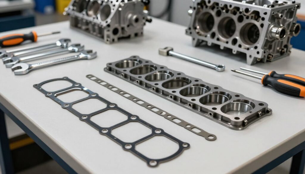 A detailed engine head gasket set with multiple layers organized on a clean workshop table. In the foreground, showcase a close-up of the gaskets, highlighting their textures and shapes, with metallic and rubber components glistening under bright, even lighting. In the middle ground, include a set of modern tools like wrenches and screwdrivers, positioned artfully to suggest an automotive repair setting. In the background, slightly blurred, display an engine block partially disassembled, emphasizing the relationship between the gaskets and the engine mechanics. The atmosphere should feel technical and focused, with soft shadows to create depth. Use a wide-angle lens perspective to enhance the composition, conveying precision and engineering expertise. A detailed engine head gasket set with multiple layers organized on a clean workshop table. In the foreground, showcase a close-up of the gaskets, highlighting their textures and shapes, with metallic and rubber components glistening under bright, even lighting. In the middle ground, include a set of modern tools like wrenches and screwdrivers, positioned artfully to suggest an automotive repair setting. In the background, slightly blurred, display an engine block partially disassembled, emphasizing the relationship between the gaskets and the engine mechanics. The atmosphere should feel technical and focused, with soft shadows to create depth. Use a wide-angle lens perspective to enhance the composition, conveying precision and engineering expertise.