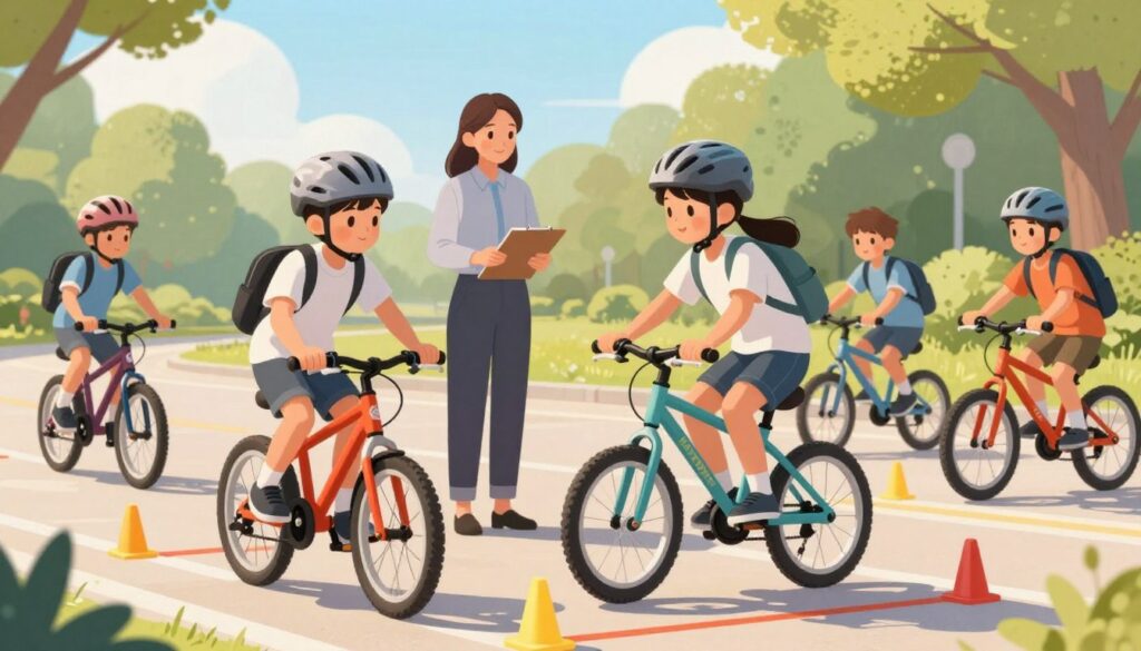 A detailed illustration depicting a bicycle examination setting. In the foreground, a young student wearing a helmet and casual clothing is actively participating in a bicycle safety test, demonstrating proper riding skills. The student is focusing on balancing and signaling while navigating a small obstacle course marked with cones. In the middle ground, an instructor guides the class, dressed in smart casual attire, observing the students with a clipboard in hand. The background features a sunny park environment with trees and a clear blue sky, enhancing the friendly and encouraging atmosphere of the bike exam. Soft, warm natural lighting illuminates the scene, giving it a vibrant and engaging feel, evoking a sense of learning and safety in road traffic proficiency. A detailed illustration depicting a bicycle examination setting. In the foreground, a young student wearing a helmet and casual clothing is actively participating in a bicycle safety test, demonstrating proper riding skills. The student is focusing on balancing and signaling while navigating a small obstacle course marked with cones. In the middle ground, an instructor guides the class, dressed in smart casual attire, observing the students with a clipboard in hand. The background features a sunny park environment with trees and a clear blue sky, enhancing the friendly and encouraging atmosphere of the bike exam. Soft, warm natural lighting illuminates the scene, giving it a vibrant and engaging feel, evoking a sense of learning and safety in road traffic proficiency.