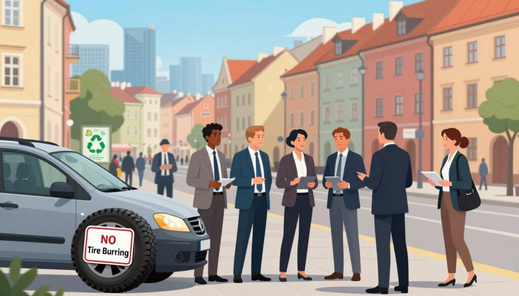 A detailed illustration of Polish traffic regulations regarding tire burning, featuring a city street scene as the foreground. In the foreground, show a diverse group of professionals in business attire discussing near a parked vehicle with a 'No Tire Burning' sign clearly visible. In the middle ground, depict a bustling urban environment with subtle hints of environmental awareness posters, such as recycling and clean air initiatives, on nearby buildings. The background should showcase a stylized skyline of a Polish city, incorporating elements like traditional architecture and modern buildings under a clear blue sky, conveying a sense of order and community. The lighting is bright and inviting, suggesting a sense of responsibility and awareness towards environmental regulations. The image should feel professional and informative without any distractions or text.