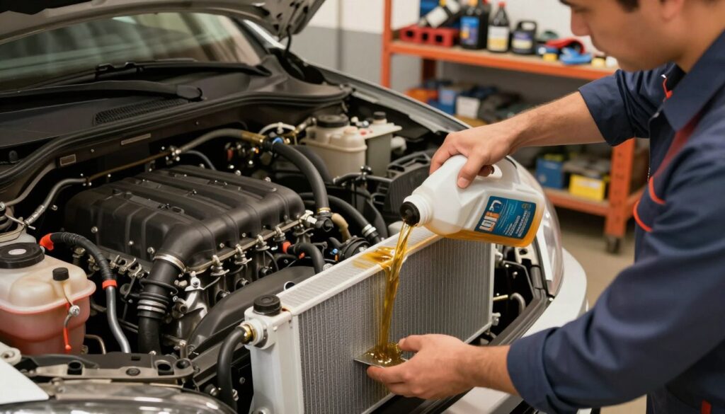 A detailed illustration of a car cooling system in a workshop setting, showcasing the essential components such as the radiator, hoses, and coolant reservoir. In the foreground, a mechanic in professional attire is carefully pouring coolant into the radiator, demonstrating the process of fluid exchange. The middle ground includes a close-up of the engine bay, highlighting the intricate connections of the cooling system, with tools and a coolant bottle placed nearby. The background features shelves stocked with automotive tools and spare parts, bathed in warm, ambient lighting that creates a focused, professional atmosphere. The angle is slightly tilted downward to emphasize the action and dynamics of the scene, capturing the importance of maintenance in vehicle operation. A detailed illustration of a car cooling system in a workshop setting, showcasing the essential components such as the radiator, hoses, and coolant reservoir. In the foreground, a mechanic in professional attire is carefully pouring coolant into the radiator, demonstrating the process of fluid exchange. The middle ground includes a close-up of the engine bay, highlighting the intricate connections of the cooling system, with tools and a coolant bottle placed nearby. The background features shelves stocked with automotive tools and spare parts, bathed in warm, ambient lighting that creates a focused, professional atmosphere. The angle is slightly tilted downward to emphasize the action and dynamics of the scene, capturing the importance of maintenance in vehicle operation.