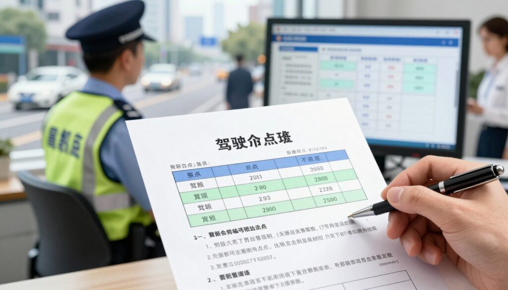 A detailed illustration of a temporary points system for driving licenses, featuring a close-up view of an official document with highlighted sections related to driving points. In the foreground, a hand holding a pen is poised over the document. The middle ground showcases a blurred image of a traffic officer and a monitor displaying point violations, emphasizing administrative decisions. In the background, a city street scene, with cars and pedestrians in professional attire, hints at the everyday implications of driving points. The lighting is bright and fresh, simulating an office environment, with a focus on clarity and seriousness. The atmosphere conveys accountability and awareness, striking a balance between professionalism and the importance of adhering to traffic regulations. A detailed illustration of a temporary points system for driving licenses, featuring a close-up view of an official document with highlighted sections related to driving points. In the foreground, a hand holding a pen is poised over the document. The middle ground showcases a blurred image of a traffic officer and a monitor displaying point violations, emphasizing administrative decisions. In the background, a city street scene, with cars and pedestrians in professional attire, hints at the everyday implications of driving points. The lighting is bright and fresh, simulating an office environment, with a focus on clarity and seriousness. The atmosphere conveys accountability and awareness, striking a balance between professionalism and the importance of adhering to traffic regulations.