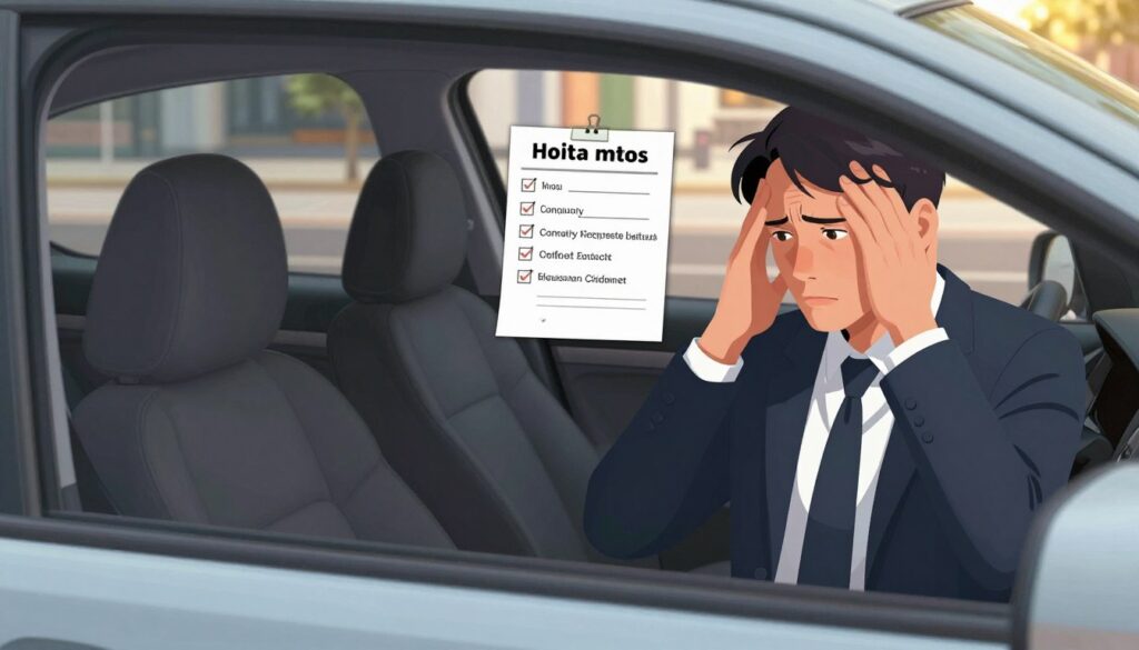 A detailed illustration showcasing common mistakes made by car owners, emphasizing consequences related to driving errors. In the foreground, a worried car owner in professional attire looks at an empty driver’s seat, illustrating confusion or concern. In the middle ground, include a car with a checklist showing common issues like incorrect registration, uninsured driving, and missed maintenance warnings. The background features a city street, suggesting an urban environment, to symbolize real-world implications. The lighting is natural, mimicking late afternoon sun casting soft shadows. The mood is serious yet educational, fostering awareness. Use a slightly elevated angle to capture the scene effectively, enhancing the feeling of overseeing these common mistakes and their potential repercussions.