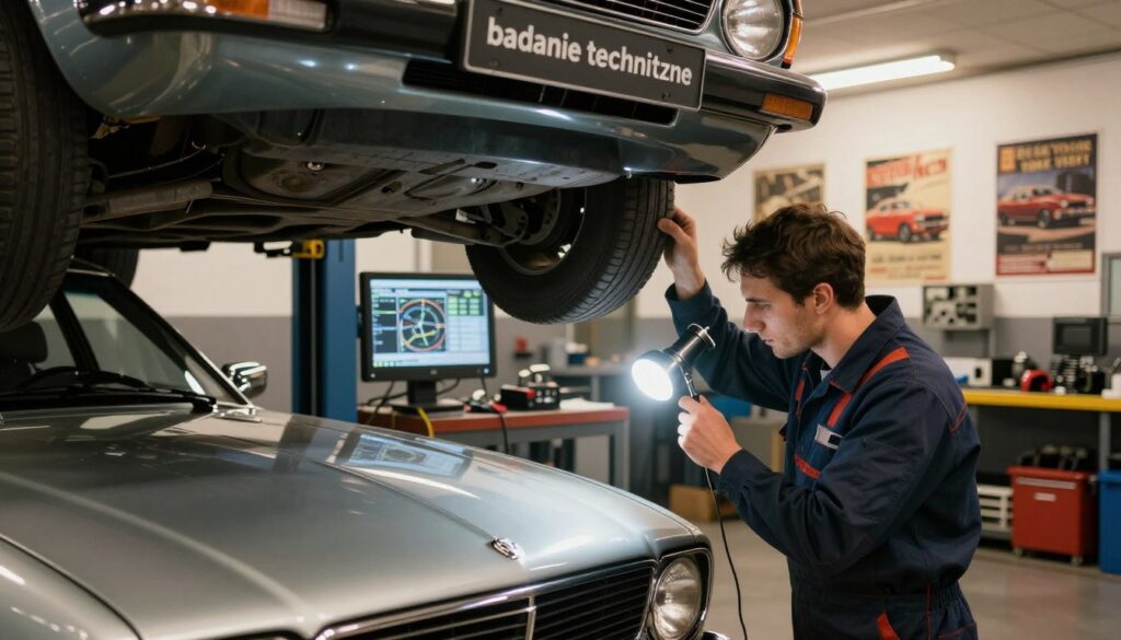 A detailed inspection scene showcasing a vintage car undergoing a "badanie techniczne" at an automotive service station. In the foreground, a mechanic dressed in professional attire is meticulously examining the car's undercarriage with a bright flashlight. The car is an elegant classic model, polished and gleaming. In the middle ground, diagnostic screens display data about the vehicle's performance, with tools and equipment neatly arranged on a workbench. In the background, a spacious workshop filled with automotive parts and vintage posters, illuminated by soft, warm overhead lights. The atmosphere is one of professionalism and nostalgia, evoking a sense of care for the preservation of classic automobiles. The angle captures both the technician's focus and the beauty of the vintage car.