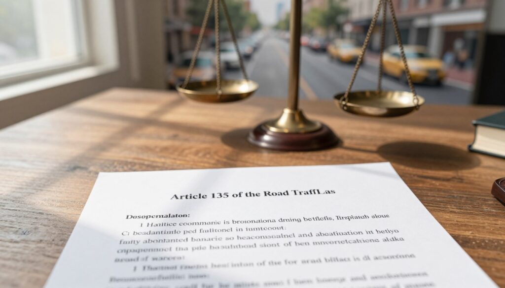 A detailed legal document titled "Article 135 of the Road Traffic Law" prominently displayed in the foreground, featuring clear, readable text and a polished, professional design. The document is laid atop a textured wooden desk, symbolizing authority and seriousness. In the middle ground, a set of scales of justice is positioned elegantly, representing legal balance and fairness. The background features a blurred image of a busy city street, hinting at traffic and road laws, infused with natural daylight filtering through a nearby window, casting soft shadows. The overall mood should convey a sense of professionalism and gravity, echoing the importance of road traffic regulations and their enforcement.