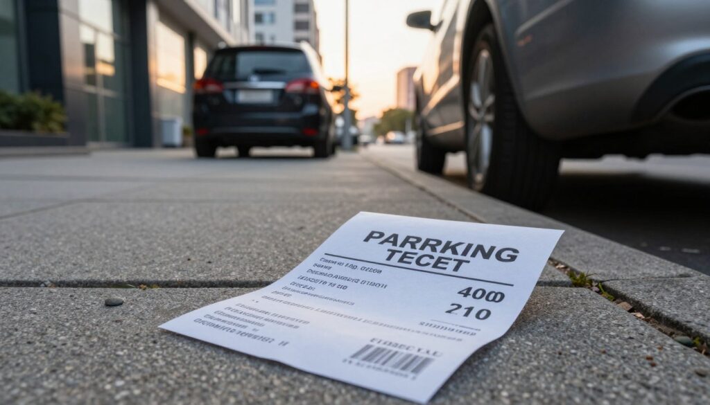 A detailed scene depicting a parking ticket for illegal parking on a sidewalk. In the foreground, a close-up view of the bright-colored ticket with bold, clear text indicating the fine amount, laying on the ground beside a parked car. The middle ground features a stylish urban environment with a clean sidewalk and a backdrop of modern buildings reflecting soft golden hour lighting, casting warm shadows. A parked vehicle is reversed, positioned incorrectly, next to the sidewalk, illustrating the violation. The atmosphere is serious yet calm, capturing the essence of urban life while emphasizing the importance of traffic regulations. The image should evoke a sense of awareness regarding parking laws without any distracting elements like text or signs.