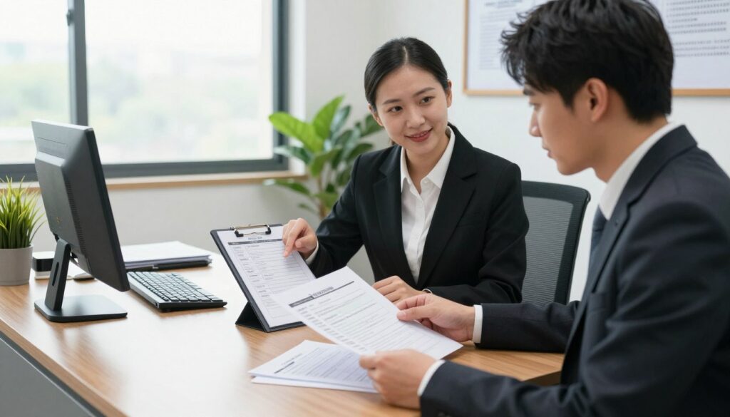 A detailed scene depicting a professional office environment where a driving license application consultation takes place. In the foreground, a well-dressed person (gender-neutral) is seated at a sleek wooden desk, attentively reviewing a pile of documents, including forms for medical examinations and ID verification. The middle ground features a friendly official dressed in business attire, pointing at a checklist of necessary documents and requirements on a tablet. In the background, a large window lets in soft natural light, illuminating the office, with a wall displaying framed driving regulations and procedures. The atmosphere is calm and focused, suggesting professionalism and thorough preparation for obtaining a driver's license.