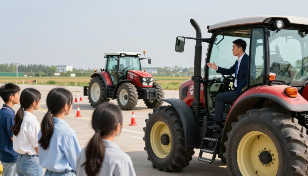 A detailed scene depicting a tractor driving course, highlighting the elements of theory and practice for obtaining a category T driver's license. In the foreground, a professional instructor, wearing a smart outfit, gestures while explaining the features of a modern tractor to a group of attentive students dressed in casual but neat clothing. In the middle background, a well-maintained tractor stands on an open training ground with safety cones arranged to demonstrate maneuvers. The background features a clear blue sky and an expansive field, creating a bright, educational atmosphere. Soft natural lighting illuminates the scene, with the focus slightly blurred on the students to convey a sense of learning. The overall mood is professional, engaging, and focused on skill development in a practical learning environment. A detailed scene depicting a tractor driving course, highlighting the elements of theory and practice for obtaining a category T driver's license. In the foreground, a professional instructor, wearing a smart outfit, gestures while explaining the features of a modern tractor to a group of attentive students dressed in casual but neat clothing. In the middle background, a well-maintained tractor stands on an open training ground with safety cones arranged to demonstrate maneuvers. The background features a clear blue sky and an expansive field, creating a bright, educational atmosphere. Soft natural lighting illuminates the scene, with the focus slightly blurred on the students to convey a sense of learning. The overall mood is professional, engaging, and focused on skill development in a practical learning environment.