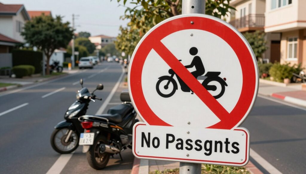 A detailed street scene illustrating traffic signs for the category AM vehicles, prominently displaying prohibition signs against carrying passengers. In the foreground, a clear and well-defined road sign indicating "No Passengers" in a vivid color palette, perhaps red and white, with a visual of a motorcycle silhouette. The middle ground features a well-maintained road with a motorcycle parked beside the sign, emphasizing the restriction. In the background, a suburban setting with residential buildings and trees, painted in soft sunlight for a warm atmosphere. The scene is viewed from a slightly elevated angle, providing a dynamic perspective. The overall mood is informative and serious, reflecting the importance of road safety for AM license holders.