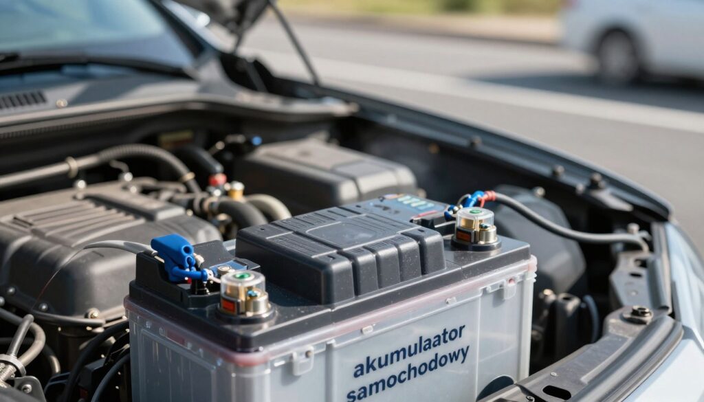 A detailed view of a car battery ("akumulator samochodowy") placed prominently in the foreground, showcasing its robust design with clear terminals and cables. The middle ground features a car engine compartment, with various components visible like wires and connectors to suggest the charging system at work. In the background, a blurred representation of a road signifies movement, hinting at the vehicle in motion. The lighting is bright and natural, simulating a sunny day, casting soft shadows that highlight the textures of the battery and engine. The overall mood is informative and technical, capturing the essence of a car's electrical system in a clear and engaging manner. The composition should be sharp with a focus on details, ensuring an educational atmosphere. A detailed view of a car battery ("akumulator samochodowy") placed prominently in the foreground, showcasing its robust design with clear terminals and cables. The middle ground features a car engine compartment, with various components visible like wires and connectors to suggest the charging system at work. In the background, a blurred representation of a road signifies movement, hinting at the vehicle in motion. The lighting is bright and natural, simulating a sunny day, casting soft shadows that highlight the textures of the battery and engine. The overall mood is informative and technical, capturing the essence of a car's electrical system in a clear and engaging manner. The composition should be sharp with a focus on details, ensuring an educational atmosphere.