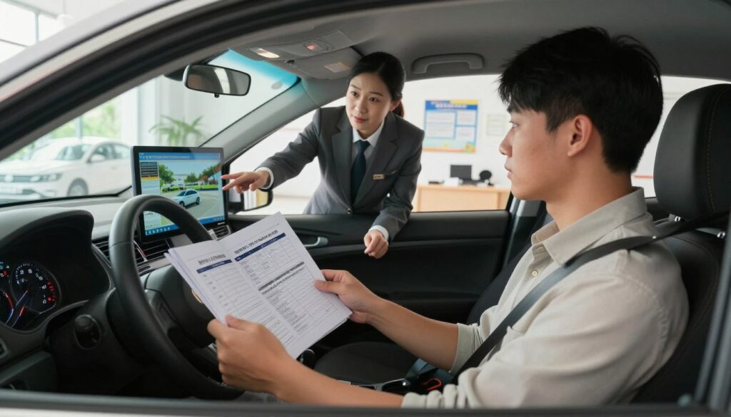 A detailed view of a professional driving school setting, featuring a learner driver in a modern car, focused on studying driving regulations. The foreground shows the driver, a young adult in modest casual clothing, attentively reading a practical driving guide. In the middle ground, a driving instructor, wearing smart business attire, gestures towards a driving simulator, illustrating their guidance. The background features a bright, inviting driving school classroom with motivational posters about finishing driving courses and exam readiness. Natural light streams through large windows, creating a warm and encouraging atmosphere. The camera angle captures the interaction between the student and instructor, emphasizing a supportive learning environment.