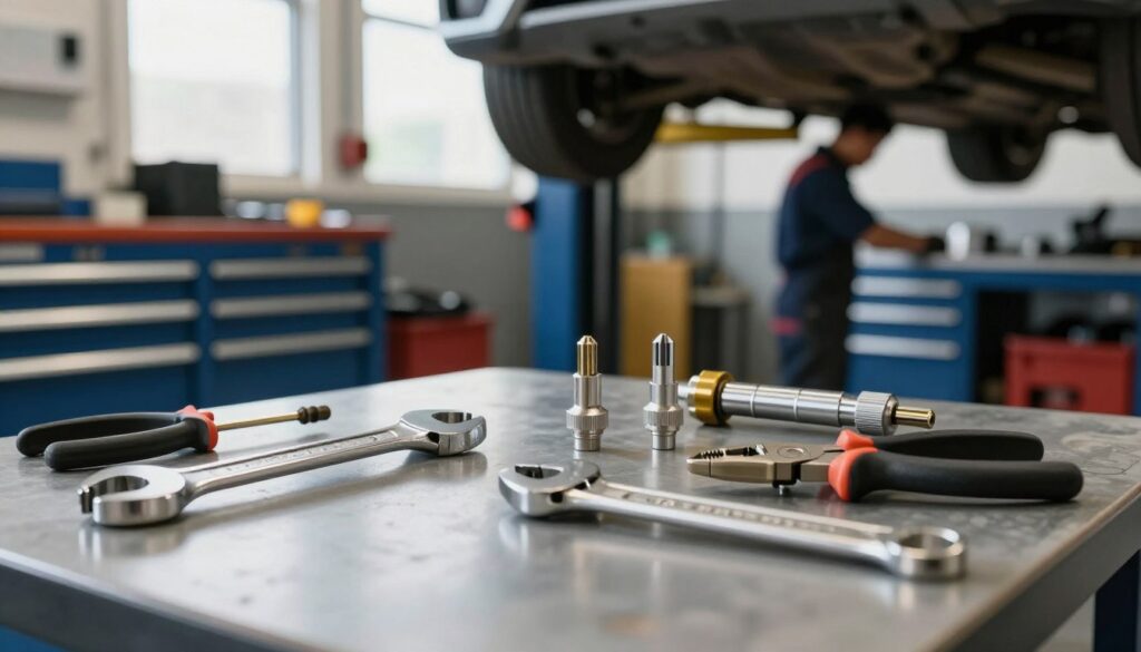 A detailed workspace scene showcasing various tools for lambda sensor replacement, prominently featuring a wrench set, pliers, and a specialized lambda sensor socket. The foreground should display a close-up view of these tools arranged on a mechanic's workbench, with a slight sheen reflecting ambient overhead lighting. In the middle, include a car lift with a vehicle partially elevated, revealing the undercarriage where the lambda sensor is located. The background can have tool storage cabinets and a softly blurred mechanic at work, dressed in professional attire, ensuring a focused, industrious atmosphere. Natural daylight filters through windows, enhancing the clean, organized look of the workshop, conveying a sense of efficiency and expertise.