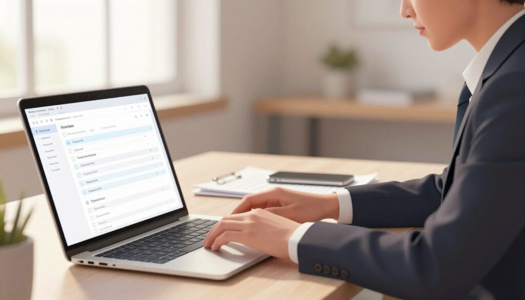 A digital illustration depicting a professional office setting where a businessperson in formal attire is using a laptop to check the status of a fine. The foreground features a close-up of the laptop screen displaying a clean and organized interface with checkboxes and tabs related to fine status. In the middle, a focused individual with a thoughtful expression sits at a modern desk, surrounded by important documents and a smartphone for reference. The background features soft, diffused lighting from a large window, casting gentle shadows and creating a calm atmosphere. The image's color palette is primarily composed of warm, neutral tones, contributing to a professional and serene mood suitable for informative content. A digital illustration depicting a professional office setting where a businessperson in formal attire is using a laptop to check the status of a fine. The foreground features a close-up of the laptop screen displaying a clean and organized interface with checkboxes and tabs related to fine status. In the middle, a focused individual with a thoughtful expression sits at a modern desk, surrounded by important documents and a smartphone for reference. The background features soft, diffused lighting from a large window, casting gentle shadows and creating a calm atmosphere. The image's color palette is primarily composed of warm, neutral tones, contributing to a professional and serene mood suitable for informative content.