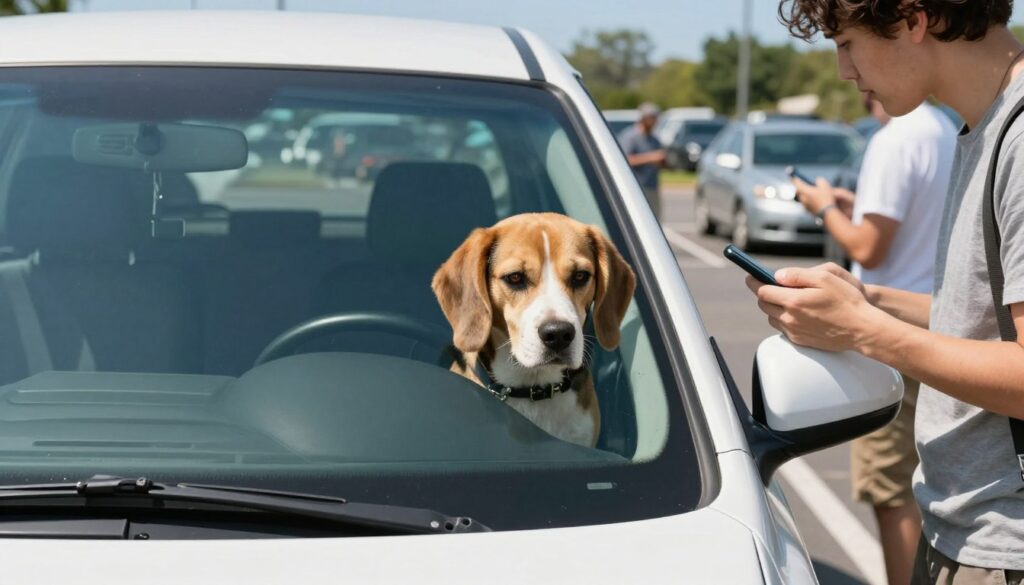 A distressed dog sitting inside a locked car during a hot summer day, with sunlight streaming through the windshield, creating reflections on the glass. The dog, a medium-sized beagle with floppy ears and expressive eyes, looks anxious and uncomfortable. In the foreground, a concerned passerby dressed in a light-colored casual outfit glances at the car, holding a cellphone, ready to call for help. The middle ground features the car parked in a busy parking lot, with other vehicles and bystanders in soft focus. The background includes distant trees under a clear blue sky, emphasizing the heat and the need for immediate action. The lighting is bright and harsh, reflecting the urgency of the situation, evoking feelings of empathy and concern for the dog’s well-being. A distressed dog sitting inside a locked car during a hot summer day, with sunlight streaming through the windshield, creating reflections on the glass. The dog, a medium-sized beagle with floppy ears and expressive eyes, looks anxious and uncomfortable. In the foreground, a concerned passerby dressed in a light-colored casual outfit glances at the car, holding a cellphone, ready to call for help. The middle ground features the car parked in a busy parking lot, with other vehicles and bystanders in soft focus. The background includes distant trees under a clear blue sky, emphasizing the heat and the need for immediate action. The lighting is bright and harsh, reflecting the urgency of the situation, evoking feelings of empathy and concern for the dog’s well-being.
