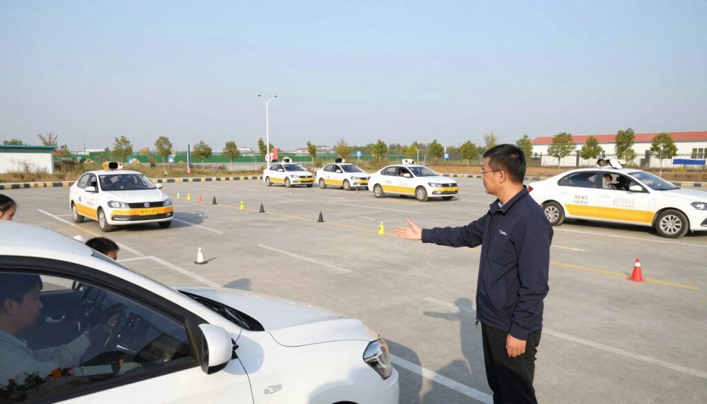 A driving maneuvering area, showcasing a detailed layout with marked lanes and directional signs. In the foreground, a professional instructor in a smart casual outfit stands beside a learner driver, both focused on a nearby vehicle. The instructor gestures towards a set of cones arranged in a slalom formation, emphasizing the importance of control and precision. In the middle ground, several students practice parallel parking and three-point turns within the designated area. The background features a clear, sunny sky that casts soft natural lighting, enhancing the visibility of road markings. The mood is tense yet supportive, capturing the essence of preparation and skill in a driving examination setting. The angle is slightly elevated to provide a comprehensive view of the maneuvers taking place. A driving maneuvering area, showcasing a detailed layout with marked lanes and directional signs. In the foreground, a professional instructor in a smart casual outfit stands beside a learner driver, both focused on a nearby vehicle. The instructor gestures towards a set of cones arranged in a slalom formation, emphasizing the importance of control and precision. In the middle ground, several students practice parallel parking and three-point turns within the designated area. The background features a clear, sunny sky that casts soft natural lighting, enhancing the visibility of road markings. The mood is tense yet supportive, capturing the essence of preparation and skill in a driving examination setting. The angle is slightly elevated to provide a comprehensive view of the maneuvers taking place.