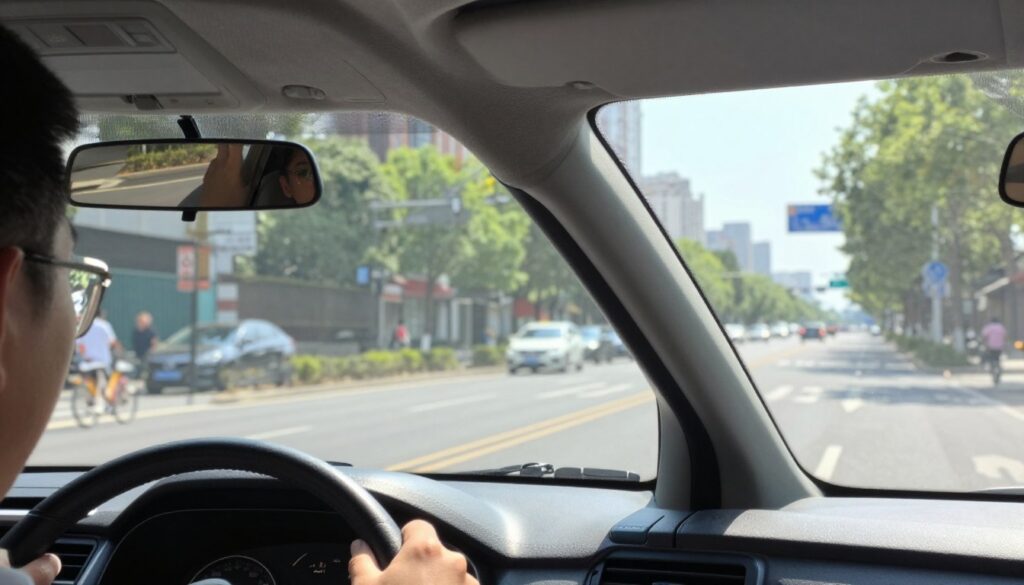 A driving scene emphasizing visibility while maneuvering, capturing a view from the driver's perspective inside a vehicle. In the foreground, the car's interior, showcasing a clear, well-adjusted rearview mirror and side mirrors, reflecting the surrounding road and objects. The middle ground features a city street with light traffic, hinting at pedestrians and bicycles within sight, illustrating the importance of using mirrors effectively. The background should depict a bright, sunny day with clear skies, enhancing visibility. The atmosphere should feel practical and focused, showcasing safe driving conditions. Use a wide-angle lens perspective, ensuring the driver's steering wheel and the side mirrors are clear and in focus, emphasizing their relevance in maintaining awareness while driving.