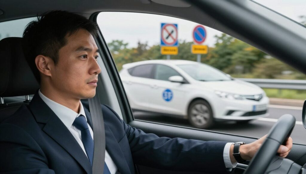 A dynamic scene depicting a car in motion on a well-maintained road, highlighting the concept of traffic regulations in Poland, particularly the obligation to wear seatbelts. The foreground features a close-up view of a driver in professional business attire, focused and responsible, with the seatbelt visibly fastened. In the middle ground, the car speeds past road signs indicating speed limits and safety regulations, blending seamlessly into the background. Soft, natural lighting illuminates the scene, casting gentle shadows that create depth. The camera angle captures a slight tilt to emphasize the action and urgency of driving while adhering to the law. The atmosphere conveys a sense of order and safety, underscoring the importance of compliance with traffic regulations. A dynamic scene depicting a car in motion on a well-maintained road, highlighting the concept of traffic regulations in Poland, particularly the obligation to wear seatbelts. The foreground features a close-up view of a driver in professional business attire, focused and responsible, with the seatbelt visibly fastened. In the middle ground, the car speeds past road signs indicating speed limits and safety regulations, blending seamlessly into the background. Soft, natural lighting illuminates the scene, casting gentle shadows that create depth. The camera angle captures a slight tilt to emphasize the action and urgency of driving while adhering to the law. The atmosphere conveys a sense of order and safety, underscoring the importance of compliance with traffic regulations.