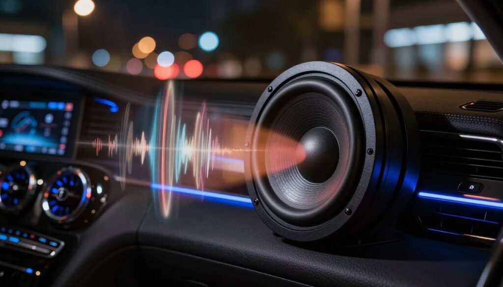 A dynamic scene featuring a car interior focused on a powerful subwoofer system. In the foreground, a sleek black subwoofer is highlighted, emitting vibrant sound waves that visually radiate outwards, suggesting deep bass. In the middle ground, the car's modern dashboard is visible, with stylish controls illuminated by blue LED lights, creating a high-tech atmosphere. The background depicts a blurred street view at night, with city lights glowing softly, enhancing the ambiance of nightlife and music. The lighting should be dramatic, emphasizing the subwoofer's design while casting intriguing shadows. The overall mood is energetic and immersive, capturing the essence of loud music in a car. A dynamic scene featuring a car interior focused on a powerful subwoofer system. In the foreground, a sleek black subwoofer is highlighted, emitting vibrant sound waves that visually radiate outwards, suggesting deep bass. In the middle ground, the car's modern dashboard is visible, with stylish controls illuminated by blue LED lights, creating a high-tech atmosphere. The background depicts a blurred street view at night, with city lights glowing softly, enhancing the ambiance of nightlife and music. The lighting should be dramatic, emphasizing the subwoofer's design while casting intriguing shadows. The overall mood is energetic and immersive, capturing the essence of loud music in a car.