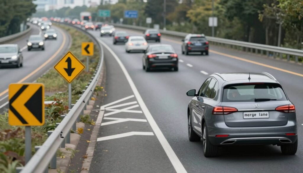 A dynamic scene illustrating a "merge lane" on a highway, depicting a modern vehicle transitioning from the ramp to the main road. In the foreground, show the car positioned at an angle, signaling for a lane change, with its driver dressed in smart casual attire, looking focused and cautious. In the middle ground, illustrate the merge lane curving gently, bordered by clear road markings and directional signs, with other vehicles in the background either merging or maintaining their speed. The background features a blurred view of a bustling freeway, with trees and urban structures subtly visible under soft, natural lighting, conveying a sense of both urgency and caution. The overall mood should capture the tension and criticality of safely merging into traffic.