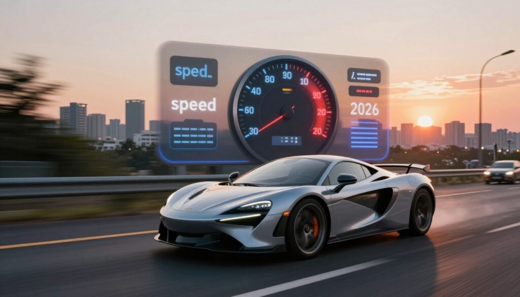 A dynamic scene illustrating the concept of "speed" related to driving laws in 2026. In the foreground, a sleek, modern sports car speeds along a vibrant highway, its motion captured with motion blur to signify rapid movement. The middle ground features a digital speedometer display, prominently showing a high speed, surrounded by abstract graphics representing traffic laws and regulations. In the background, a city skyline blends into a sunset atmosphere, with warm hues reflecting a sense of urgency and change. Soft shadows and a slightly elevated angle create depth, emphasizing the thrill and risks of speeding. The overall mood is one of tension and anticipation, capturing the essence of how speed impacts driving regulations in the near future.