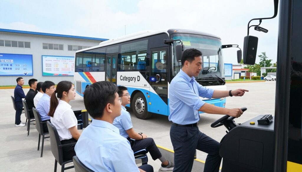 A dynamic scene showcasing a driving school environment focused on obtaining a Category D bus driver's license. In the foreground, a professional instructor in a smart casual outfit demonstrates bus operation techniques to a diverse group of attentive students dressed in business casual attire. In the middle, a modern bus with clear markings signifying "Category D" is parked next to a driving simulator, emphasizing the training aspect. The background features a driving school building with educational banners about licensing requirements and costs, set against a bright sky for a hopeful atmosphere. Soft lighting enhances the professionalism of the setting, giving the scene a welcoming and informative feel. A dynamic scene showcasing a driving school environment focused on obtaining a Category D bus driver's license. In the foreground, a professional instructor in a smart casual outfit demonstrates bus operation techniques to a diverse group of attentive students dressed in business casual attire. In the middle, a modern bus with clear markings signifying "Category D" is parked next to a driving simulator, emphasizing the training aspect. The background features a driving school building with educational banners about licensing requirements and costs, set against a bright sky for a hopeful atmosphere. Soft lighting enhances the professionalism of the setting, giving the scene a welcoming and informative feel.