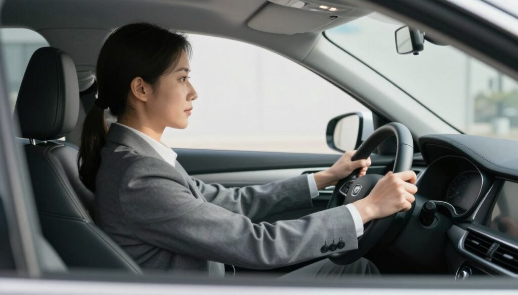 A focused view inside a car, demonstrating the driver's position behind the steering wheel. The driver, a professionally dressed individual in business attire, is seated comfortably with both hands on the wheel, resembling an ideal driving posture. The front seats are shown clearly, highlighting the correct alignment and distance from the steering wheel. The background features a well-lit car interior, with natural light streaming in from the windows, creating a calm atmosphere. The dashboard is visible, with key details such as the rearview mirror and side mirrors slightly in view, emphasizing the importance of adjusting them based on the driver’s position. The angle captures the driver's perspective, illustrating the relationship between their position and the mirrors, while maintaining a serene and professional atmosphere.