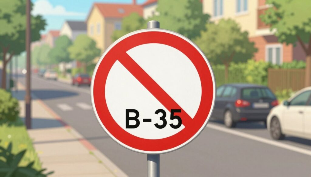 A highly detailed and realistic illustration of the znaki B-35 road sign, prominently displayed in the foreground. The sign, which indicates a fire lane, should be clearly visible with its distinctive red and white colors, depicting a strict no parking symbol. In the middle ground, a clean, urban street scene unfolds, featuring vehicles parked illegally near the sign, illustrating the consequences of unauthorized parking. The background shows a residential building and lush greenery, subtly blurred to emphasize the sign as the focal point. Soft, natural lighting bathes the scene in a warm glow, creating a calm yet urgent atmosphere, as if warning viewers of potential safety hazards. The composition should be taken from a slightly elevated angle to provide clarity and depth to the scene, without any text or other distractions. A highly detailed and realistic illustration of the znaki B-35 road sign, prominently displayed in the foreground. The sign, which indicates a fire lane, should be clearly visible with its distinctive red and white colors, depicting a strict no parking symbol. In the middle ground, a clean, urban street scene unfolds, featuring vehicles parked illegally near the sign, illustrating the consequences of unauthorized parking. The background shows a residential building and lush greenery, subtly blurred to emphasize the sign as the focal point. Soft, natural lighting bathes the scene in a warm glow, creating a calm yet urgent atmosphere, as if warning viewers of potential safety hazards. The composition should be taken from a slightly elevated angle to provide clarity and depth to the scene, without any text or other distractions.