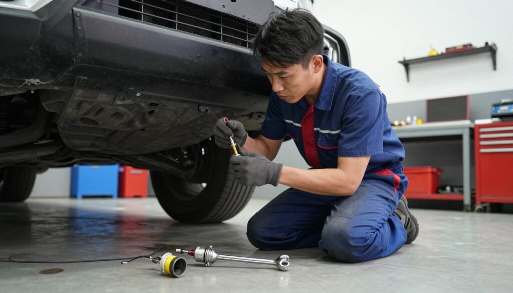 A mechanic in professional attire, focused and determined, kneels beside a car in a well-lit garage, working on the undercarriage to replace the lambda sensor. Tools are spread out visibly in the foreground, including a wrench and a replacement lambda sensor. The garage is clean and organized, showcasing a backdrop of automotive tools and equipment, hinting at a busy, industrious atmosphere. The lighting is bright, highlighting the mechanic's concentrated expression as they engage in this DIY task. The angle is slightly low to capture the mechanic's commitment and the intricacy of the task, emphasizing the importance of skill in a time-sensitive car repair situation.