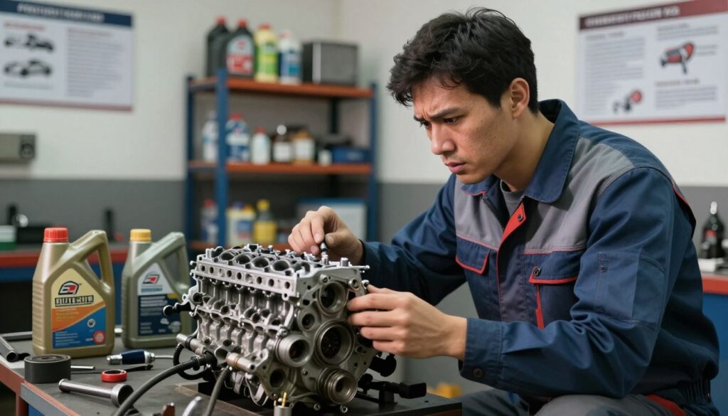 A mechanic's workshop with a focus on the risks of engine flushing. In the foreground, a concerned mechanic, wearing professional attire, examines a disassembled engine part with a worried expression. In the middle ground, various tools and oil bottles are scattered, symbolizing the chaotic nature of improper maintenance. The background features a well-lit workshop with shelves filled with automotive supplies, and a wall display showcasing engine flushing instructions. Soft, ambient lighting creates a serious yet informative mood, emphasizing caution and the complexities of engine care. The angle is slightly elevated, providing a clear view of the scene, highlighting the mechanic’s detailed inspection. A mechanic's workshop with a focus on the risks of engine flushing. In the foreground, a concerned mechanic, wearing professional attire, examines a disassembled engine part with a worried expression. In the middle ground, various tools and oil bottles are scattered, symbolizing the chaotic nature of improper maintenance. The background features a well-lit workshop with shelves filled with automotive supplies, and a wall display showcasing engine flushing instructions. Soft, ambient lighting creates a serious yet informative mood, emphasizing caution and the complexities of engine care. The angle is slightly elevated, providing a clear view of the scene, highlighting the mechanic’s detailed inspection.