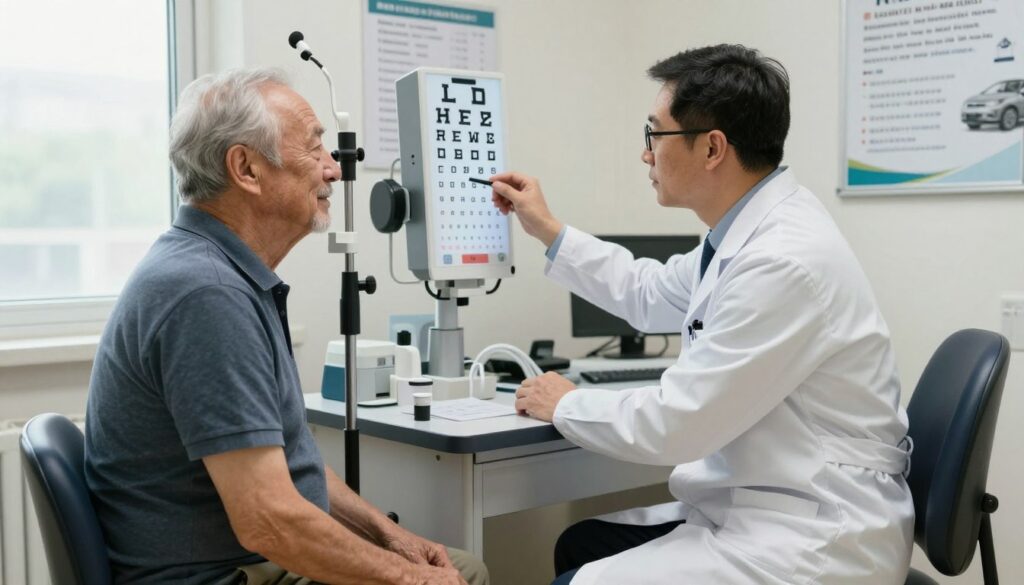 A medical examination for drivers scene, featuring an elderly man in his 80s undergoing a check-up in a professional medical office. In the foreground, he is sitting on an examination table, looking relaxed yet attentive, wearing modest casual clothing. The middle ground shows a well-dressed doctor, in a white coat and glasses, performing an eye test with a Snellen chart and various medical instruments. The background features medical posters about driver's health regulations and a window allowing soft, natural light into the room, creating an inviting atmosphere. The overall mood is serious yet reassuring, emphasizing the importance of health checks for senior drivers. The angle is slightly elevated to capture both the doctor and patient clearly, while focusing on their interaction.