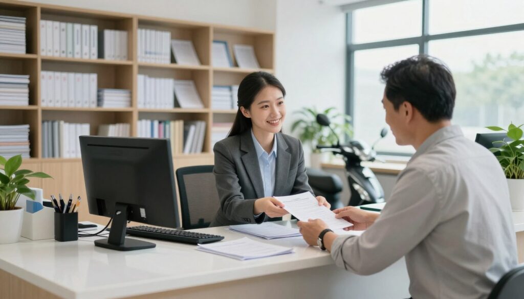 A modern administrative office interior focused on the process of exchanging a motorbike license. In the foreground, a friendly female clerk dressed in professional business attire is assisting a middle-aged man dressed in modest casual clothing as they discuss paperwork. In the middle, a sleek, organized reception desk with a computer and various forms, radiating a sense of efficiency and professionalism. The background features tall shelves filled with administrative documents and a large window allowing soft, natural light to illuminate the scene, creating a welcoming atmosphere. The perspective is slightly angled to enhance the depth, providing a clear view of the clerk and the interaction, with a focus on clarity and cleanliness in the environment.