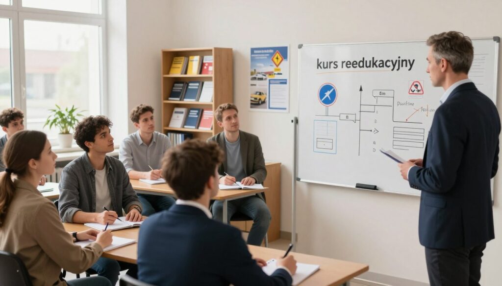A modern classroom setting for a "kurs reedukacyjny," focusing on traffic rules and point reduction. In the foreground, an instructor, a middle-aged man in professional attire, stands beside a whiteboard filled with diagrams of traffic signs and infographics about point penalties. In the middle ground, diverse adult students are attentively listening, taking notes, and engaged in discussions, all dressed in smart casual clothing. The background shows shelves filled with driving manuals and safety awareness posters. Soft, natural lighting streams through large windows, creating a warm, inviting atmosphere. This image aims to convey a sense of learning, community, and the importance of responsible driving. A modern classroom setting for a "kurs reedukacyjny," focusing on traffic rules and point reduction. In the foreground, an instructor, a middle-aged man in professional attire, stands beside a whiteboard filled with diagrams of traffic signs and infographics about point penalties. In the middle ground, diverse adult students are attentively listening, taking notes, and engaged in discussions, all dressed in smart casual clothing. The background shows shelves filled with driving manuals and safety awareness posters. Soft, natural lighting streams through large windows, creating a warm, inviting atmosphere. This image aims to convey a sense of learning, community, and the importance of responsible driving.