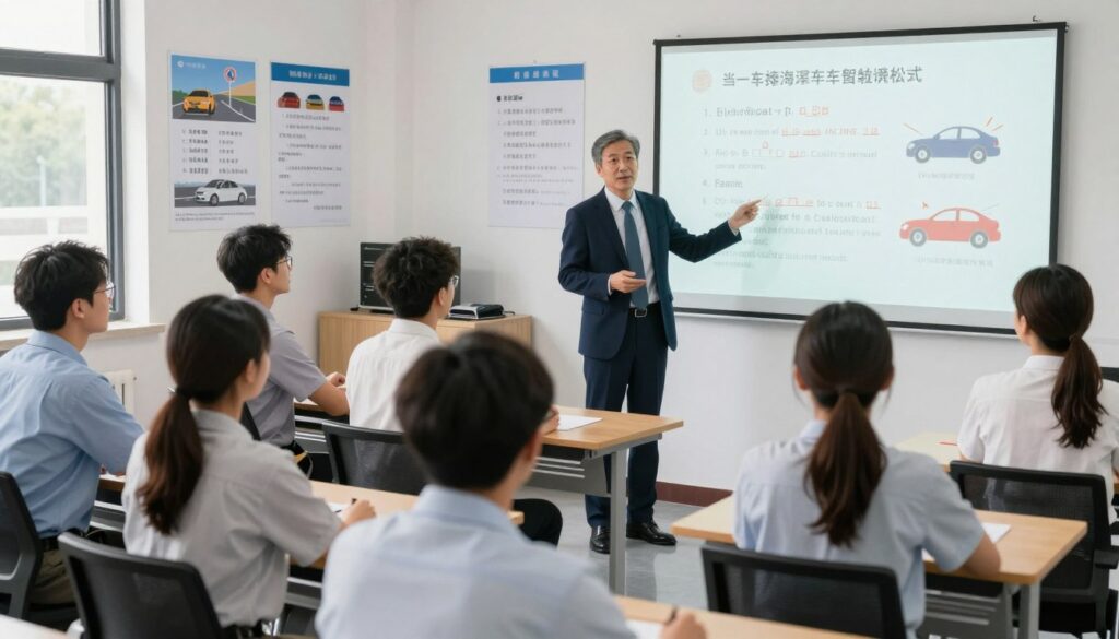 A modern driving school classroom setting, featuring a diverse group of adult students attentively listening to a professional instructor at the front. The instructor is a middle-aged person in smart business attire, using visual aids such as charts and diagrams related to driving theory. In the foreground, a large whiteboard displays key points about practical driving tests. In the background, there are posters illustrating road signs and traffic rules. The lighting is bright and inviting, simulating a positive learning environment. The composition is shot from a slightly elevated angle to capture the interaction between the instructor and students, set against a backdrop of a well-organized classroom filled with driving-related materials. The overall mood is focused and motivational, emphasizing preparation for driving exams.