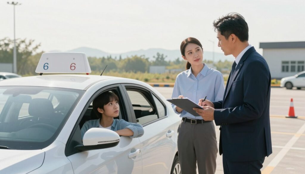 A modern driving test scenario featuring an automatic transmission vehicle parked at a driving examination center. In the foreground, a focused, middle-aged instructor with a clipboard, dressed in professional attire, discusses the test with a young, eager student in casual, modest clothing. The vehicle is sleek and shiny, emphasizing its automatic features. In the middle ground, a well-maintained driving range is visible, with clearly marked lanes and traffic cones. The background should include a bright sky, casting soft morning light that enhances the atmosphere of anticipation and learning. Overall, the scene conveys a sense of professionalism and comfort associated with learning to drive an automatic vehicle. A modern driving test scenario featuring an automatic transmission vehicle parked at a driving examination center. In the foreground, a focused, middle-aged instructor with a clipboard, dressed in professional attire, discusses the test with a young, eager student in casual, modest clothing. The vehicle is sleek and shiny, emphasizing its automatic features. In the middle ground, a well-maintained driving range is visible, with clearly marked lanes and traffic cones. The background should include a bright sky, casting soft morning light that enhances the atmosphere of anticipation and learning. Overall, the scene conveys a sense of professionalism and comfort associated with learning to drive an automatic vehicle.