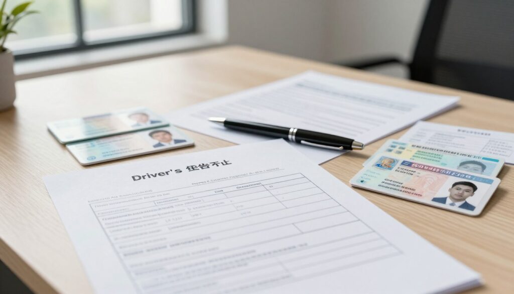A neatly organized desk featuring essential documents for applying to renew a driver's license. In the foreground, a clean application form is prominently displayed, with an assortment of supporting documents like identification cards, proof of residence, and a freshly printed passport-sized photo neatly arranged beside it. In the middle, a stylish pen rests on top of the application, adding a touch of professionalism. The background showcases a softly blurred office environment with natural light streaming in from a window, creating a bright and inviting atmosphere. The image captures a sense of preparation and importance, emphasizing the systematic approach to the driver's license renewal process.