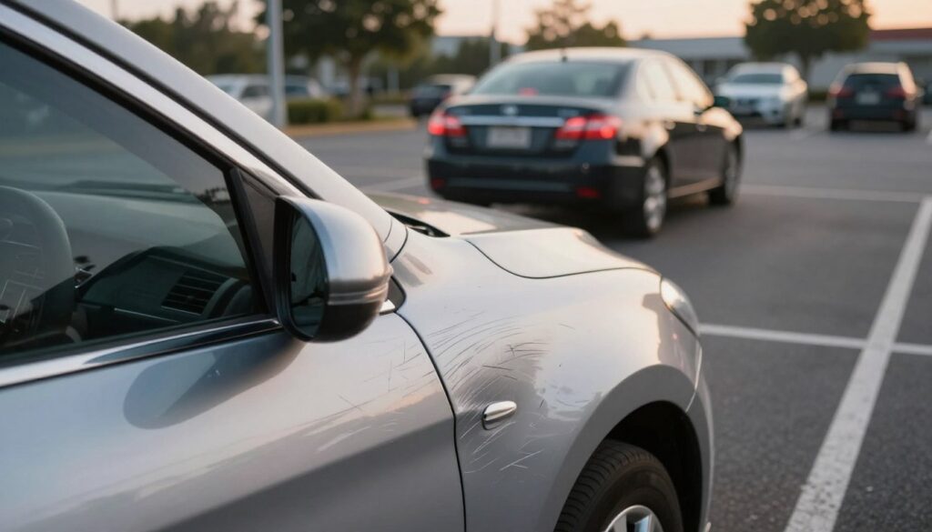 A parking lot scene with a close-up view of a scratched car. In the foreground, the damaged car's side panel shows deep scratches and scuffs, highlighting the blemish against the polished finish. The middle ground features another vehicle, slightly distant, emphasizing the act of a hasty departure, with its rear lights illuminated. The background captures a typical urban parking lot setting with a few trees and parked cars under soft afternoon sunlight. The scene conveys a sense of urgency and concern, with the angle slightly tilted to focus on the damage. The atmosphere is tense yet subtle, reflecting the aftermath of an unfortunate incident without any people present. Lighting is warm yet natural, enhancing the scratches' visibility. A parking lot scene with a close-up view of a scratched car. In the foreground, the damaged car's side panel shows deep scratches and scuffs, highlighting the blemish against the polished finish. The middle ground features another vehicle, slightly distant, emphasizing the act of a hasty departure, with its rear lights illuminated. The background captures a typical urban parking lot setting with a few trees and parked cars under soft afternoon sunlight. The scene conveys a sense of urgency and concern, with the angle slightly tilted to focus on the damage. The atmosphere is tense yet subtle, reflecting the aftermath of an unfortunate incident without any people present. Lighting is warm yet natural, enhancing the scratches' visibility.