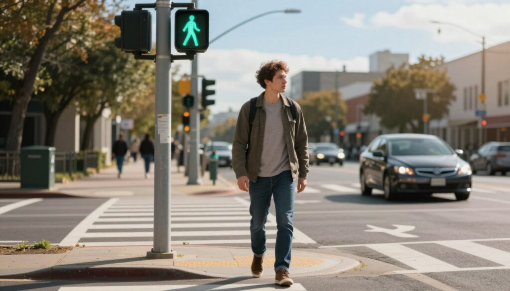 A pedestrian crossing the street safely at a traffic light, wearing casual yet modest clothing. In the foreground, the pedestrian is standing on the curb, poised to step forward, with an expression of caution and awareness. In the middle ground, the green pedestrian signal illuminates, signaling safe passage. Visible nearby is a well-marked crosswalk, pavement arrows, and a nearby vehicle patiently waiting, showcasing the driver’s respect for the pedestrian's right to cross. The background displays a cityscape with clear blue skies and soft sunlight filtering through. Use a shallow depth of field for focus on the pedestrian while creating a warm and inviting mood that emphasizes safety and urban harmony.