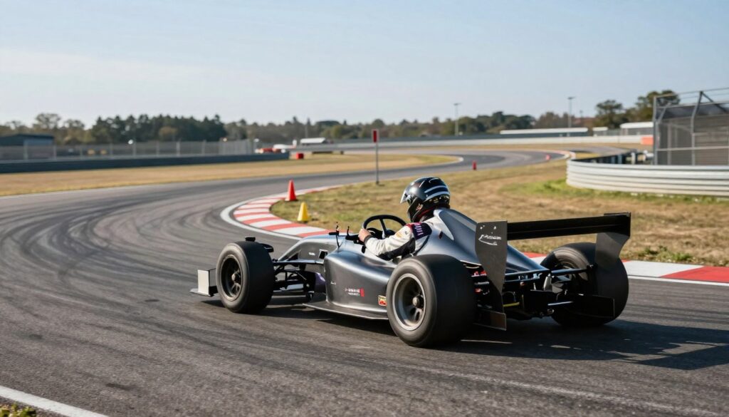 A professional driver steering a car through a challenging curve on a racetrack, showcasing the optimal driving line. In the foreground, the driver, dressed in a sleek racing suit and helmet, leans into the turn, focused and determined. The car is a high-performance sports model, with visible tire marks on the asphalt indicating previous mistakes. In the middle ground, various cones and markers are set up to illustrate correct cornering techniques, while in the background, the racetrack stretches into the distance under a clear blue sky. The lighting is bright but soft, emphasizing the details of the car and driver. A slight motion blur around the tires enhances the sense of speed and urgency, creating an atmosphere of dynamic precision and safety awareness amidst the thrill of racing. A professional driver steering a car through a challenging curve on a racetrack, showcasing the optimal driving line. In the foreground, the driver, dressed in a sleek racing suit and helmet, leans into the turn, focused and determined. The car is a high-performance sports model, with visible tire marks on the asphalt indicating previous mistakes. In the middle ground, various cones and markers are set up to illustrate correct cornering techniques, while in the background, the racetrack stretches into the distance under a clear blue sky. The lighting is bright but soft, emphasizing the details of the car and driver. A slight motion blur around the tires enhances the sense of speed and urgency, creating an atmosphere of dynamic precision and safety awareness amidst the thrill of racing.