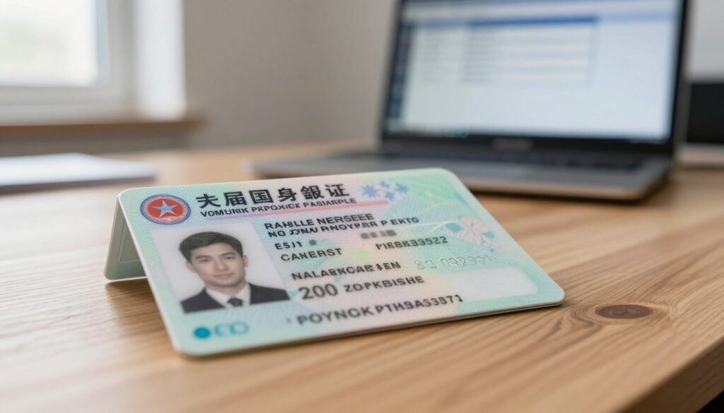 A professional driver’s license lying on a wooden desk, prominently featuring Polish identifiers and security elements, with a blurred background of an office environment. The license is partially open, highlighting the driver's information such as name and verification number. Soft, natural lighting filters in from a nearby window, casting gentle shadows and creating a warm atmosphere. In the background, a computer screen displays data related to driver verification, subtly glowing to indicate a technical process in progress. The composition should convey a sense of reliability and professionalism, emphasizing the importance of driving licenses in Poland. Use a shallow depth of field to keep the focus on the license while maintaining a professional setting.