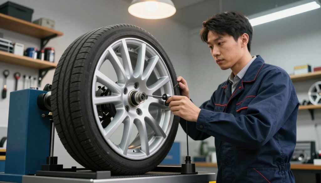 A professional mechanic in a modern workshop meticulously balances a car wheel using a precision balancing machine. The foreground displays a close-up of the wheel, showcasing its shiny aluminum rim, rubber tire, and weights being adjusted for balance. In the middle ground, the mechanic, dressed in professional business attire, is focused on the task with a look of concentration. The background features shelves stocked with various tools and equipment, with warm overhead lighting illuminating the scene. The atmosphere is one of diligence and expertise, highlighting the important process of wheel balancing. The camera angle is slightly angled upwards, emphasizing the mechanic's attention to detail while providing a clear view of the equipment. A professional mechanic in a modern workshop meticulously balances a car wheel using a precision balancing machine. The foreground displays a close-up of the wheel, showcasing its shiny aluminum rim, rubber tire, and weights being adjusted for balance. In the middle ground, the mechanic, dressed in professional business attire, is focused on the task with a look of concentration. The background features shelves stocked with various tools and equipment, with warm overhead lighting illuminating the scene. The atmosphere is one of diligence and expertise, highlighting the important process of wheel balancing. The camera angle is slightly angled upwards, emphasizing the mechanic's attention to detail while providing a clear view of the equipment.