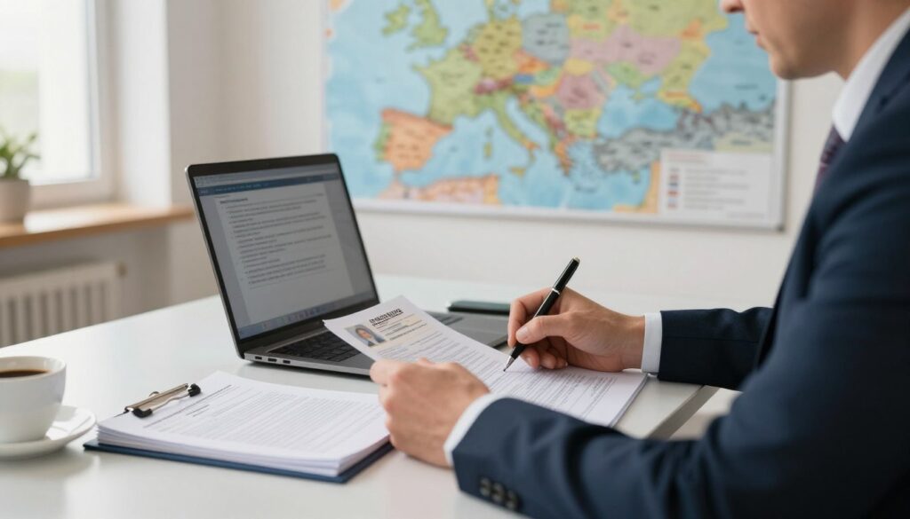 A professional office setting with a focus on the process of applying for an international driver's license in Poland. In the foreground, a well-dressed individual, a middle-aged person in a suit, is seated at a sleek desk, filling out forms and studying a laptop. A stack of official documents, including a driver's permit and identification papers, is visible on the desk, alongside a pen and a cup of coffee. In the middle background, a colorful wall-mounted map of the world highlights countries that accept international driver's licenses. The lighting is soft and natural, coming from a nearby window, creating a warm and inviting atmosphere. The perspective is slightly angled to provide depth, capturing the essence of official documentation and international travel. A professional office setting with a focus on the process of applying for an international driver's license in Poland. In the foreground, a well-dressed individual, a middle-aged person in a suit, is seated at a sleek desk, filling out forms and studying a laptop. A stack of official documents, including a driver's permit and identification papers, is visible on the desk, alongside a pen and a cup of coffee. In the middle background, a colorful wall-mounted map of the world highlights countries that accept international driver's licenses. The lighting is soft and natural, coming from a nearby window, creating a warm and inviting atmosphere. The perspective is slightly angled to provide depth, capturing the essence of official documentation and international travel.