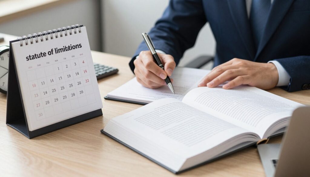 A professional setting illustrating the concept of "statute of limitations" on fines, featuring a neatly organized desk in the foreground with a calendar, clock, and a legal book open to a page discussing deadlines. In the middle, a pair of hands, dressed in formal business attire, highlights specific dates in the calendar with a pen. The background shows a blurred office environment, with soft, diffused lighting creating a serious yet calm atmosphere. The color palette is neutral and professional, emphasizing a sense of urgency mixed with clarity. The angle is slightly overhead, providing a comprehensive view of the desk arrangement while keeping the focus on the hands and the calendar. The image embodies the theme of understanding legal timelines. A professional setting illustrating the concept of "statute of limitations" on fines, featuring a neatly organized desk in the foreground with a calendar, clock, and a legal book open to a page discussing deadlines. In the middle, a pair of hands, dressed in formal business attire, highlights specific dates in the calendar with a pen. The background shows a blurred office environment, with soft, diffused lighting creating a serious yet calm atmosphere. The color palette is neutral and professional, emphasizing a sense of urgency mixed with clarity. The angle is slightly overhead, providing a comprehensive view of the desk arrangement while keeping the focus on the hands and the calendar. The image embodies the theme of understanding legal timelines.