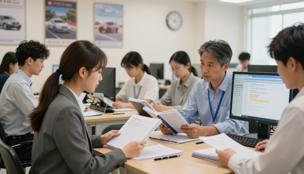 A professional setting reflecting the atmosphere of a state examination for a driving license. In the foreground, a diverse group of candidates, including a young woman in a smart business outfit and a middle-aged man in a casual shirt, are studying a driving theory book together, engaged in conversation. The middle ground features a testing desk with typical examination items like pens, notepads, and a computer with driving test simulation software. In the background, a well-lit room with motivational posters about safe driving and a clock showing the time suggests the urgency of preparation. The overall mood is focused and serious yet supportive, with soft, warm lighting creating an inviting atmosphere. The image should capture the preparation process before the formal examination, emphasizing professionalism and dedication. A professional setting reflecting the atmosphere of a state examination for a driving license. In the foreground, a diverse group of candidates, including a young woman in a smart business outfit and a middle-aged man in a casual shirt, are studying a driving theory book together, engaged in conversation. The middle ground features a testing desk with typical examination items like pens, notepads, and a computer with driving test simulation software. In the background, a well-lit room with motivational posters about safe driving and a clock showing the time suggests the urgency of preparation. The overall mood is focused and serious yet supportive, with soft, warm lighting creating an inviting atmosphere. The image should capture the preparation process before the formal examination, emphasizing professionalism and dedication.
