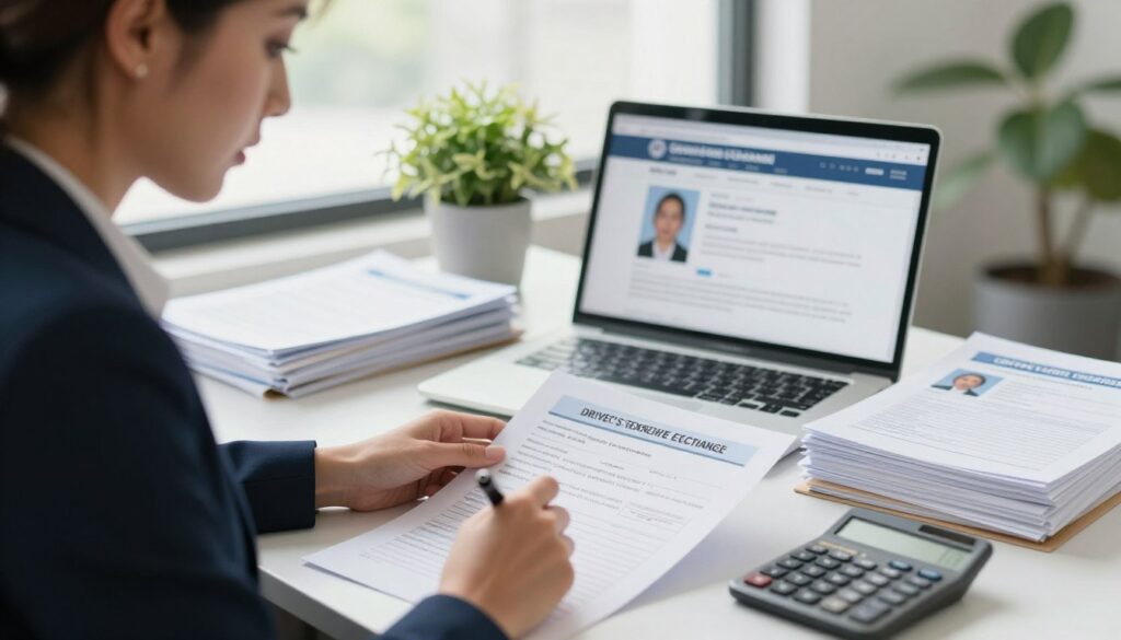 A professional setting showcasing a woman in smart business attire, sitting at a desk filled with documents related to driver's license exchange. The foreground features a close-up of her focused expression as she reviews cost estimates and forms, with a calculator and pen in hand. The middle ground contains a laptop displaying a governmental website about driver's license processes, while a stack of official paperwork is neatly arranged. In the background, a window allows natural light to fill the room, creating a bright and organized atmosphere. A potted plant adds a lively touch to the decor. The overall mood should be professional, emphasizing the importance of understanding the costs and procedures involved in updating a driver's license after marriage. A professional setting showcasing a woman in smart business attire, sitting at a desk filled with documents related to driver's license exchange. The foreground features a close-up of her focused expression as she reviews cost estimates and forms, with a calculator and pen in hand. The middle ground contains a laptop displaying a governmental website about driver's license processes, while a stack of official paperwork is neatly arranged. In the background, a window allows natural light to fill the room, creating a bright and organized atmosphere. A potted plant adds a lively touch to the decor. The overall mood should be professional, emphasizing the importance of understanding the costs and procedures involved in updating a driver's license after marriage.