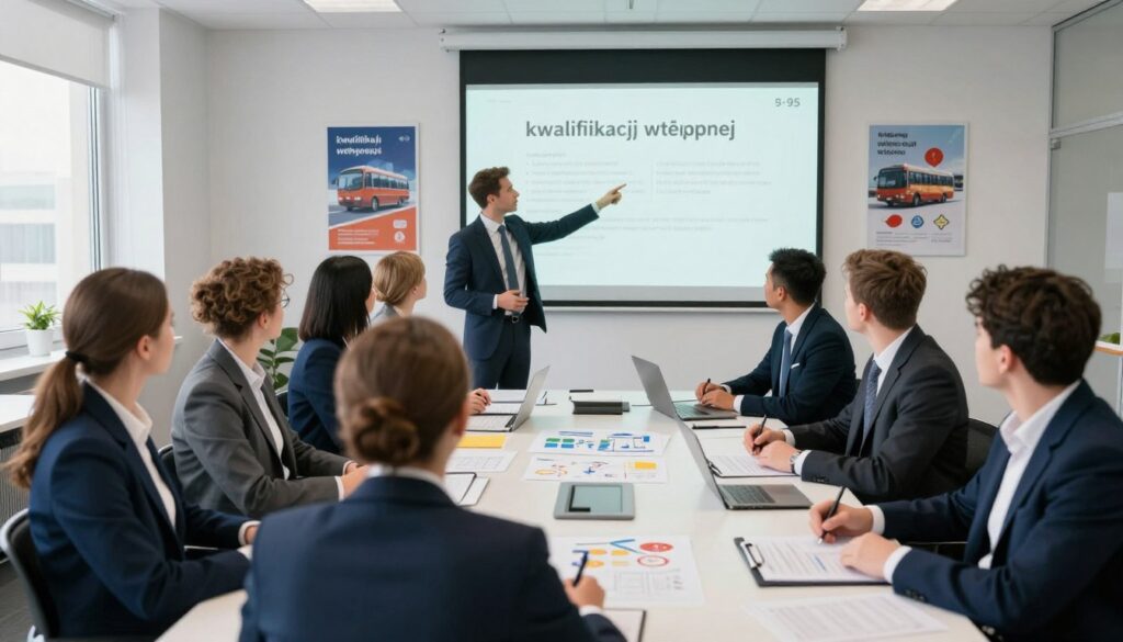 A professional training session for bus driver qualifications, featuring a diverse group of individuals dressed in smart business attire gathered around a large table covered with training materials, diagrams, and a projector displaying key information about "kwalifikacji wstępnej" and code 95. The foreground shows focused participants engaged in discussion, while the middle ground includes a trainer pointing to the projector screen, emphasizing the importance of qualifications and safety regulations. In the background, a modern classroom setting with motivational posters about public transportation and safety. Bright, natural lighting streams through large windows, creating an engaging and informative atmosphere. The angle is slightly elevated, capturing the dynamics of the training session without any text or distractions. A professional training session for bus driver qualifications, featuring a diverse group of individuals dressed in smart business attire gathered around a large table covered with training materials, diagrams, and a projector displaying key information about "kwalifikacji wstępnej" and code 95. The foreground shows focused participants engaged in discussion, while the middle ground includes a trainer pointing to the projector screen, emphasizing the importance of qualifications and safety regulations. In the background, a modern classroom setting with motivational posters about public transportation and safety. Bright, natural lighting streams through large windows, creating an engaging and informative atmosphere. The angle is slightly elevated, capturing the dynamics of the training session without any text or distractions.